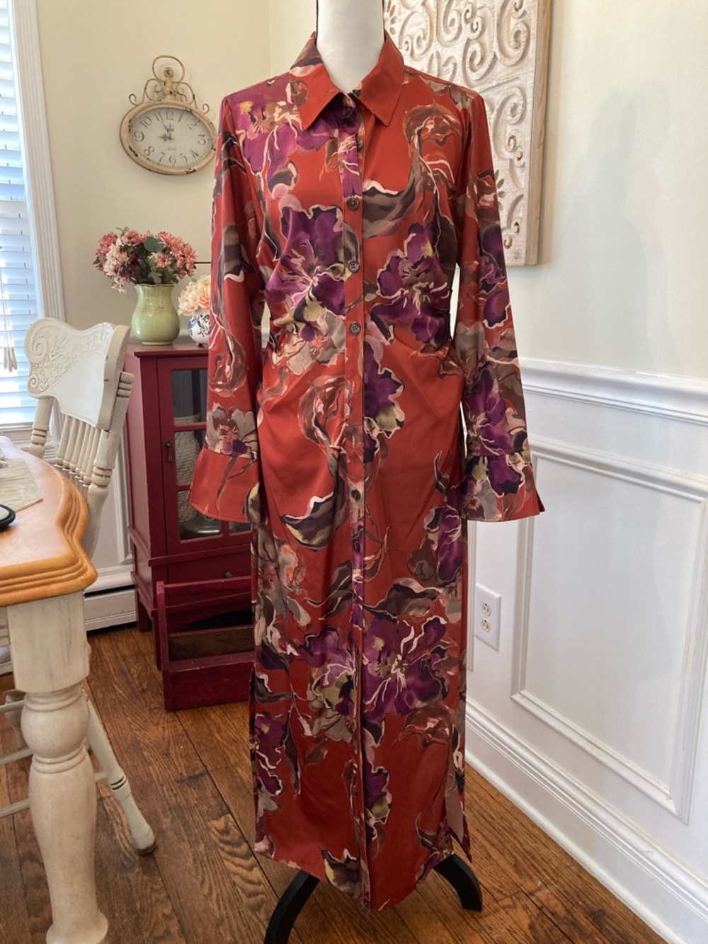 Donna Karan Long Sleeve Floral Print Maxi Dress in Rust and Purple